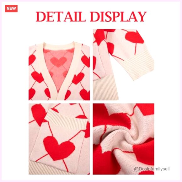 Heart Print Cardigan Open Front Knit Sweater Oversized Chic Valentine Love - Picture 6 of 7